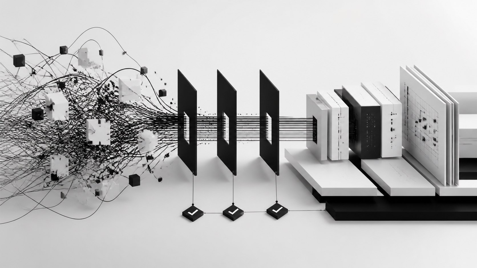 Chaotic generated software paths passing through validation gates into a structured system