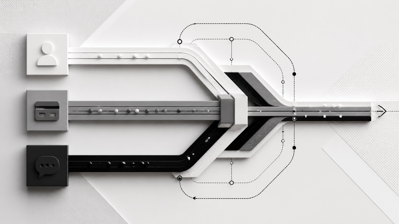 Customer, payment and conversation streams merging into one controlled integration flow